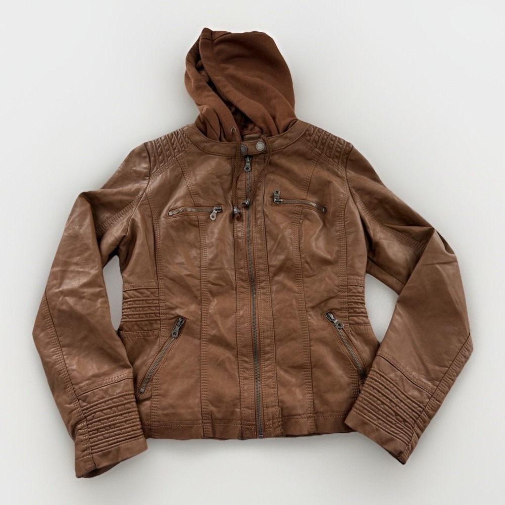 Made by Johnny Faux Leather Moto Jacket‎ Womens M Brown Removable Hood